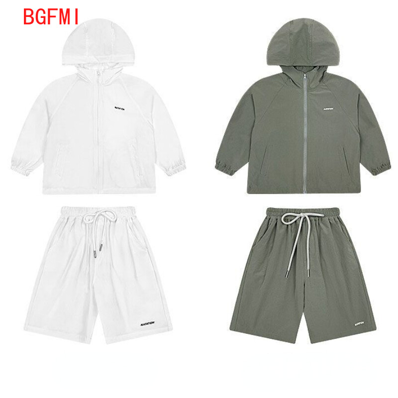 2024. gada vasaras pavasaris, jaunas meitenes ar garām piedurknēm plānu apģērbu komplekts pusaudžu sauļošanās jaka ar kapuci + šorti, 2 gab., uzvalks, puiša jaka tērpi