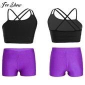 Bērnu meiteņu deju treniņi, kostīmi bez piedurknēm, baleta deju tops ar šortiem, vingrošana, deju apģērbs, skriešanas sporta zālē