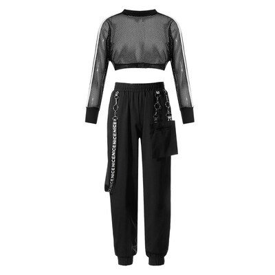 Modes, bērnu, meiteņu, hiphopa apģērbu komplekts. Tīkla tops ar garām piedurknēm apgriezts ar biksēm bērniem Džeza deju kostīmi, sporta tērpi, ielu apģērbi