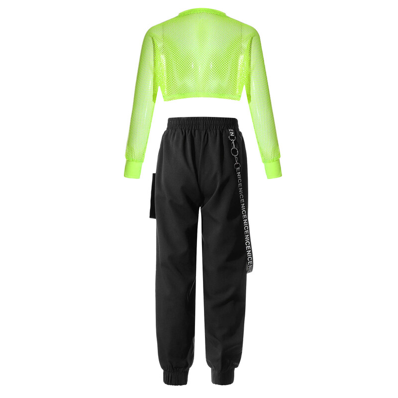 Modes, bērnu, meiteņu, hiphopa apģērbu komplekts. Tīkla tops ar garām piedurknēm apgriezts ar biksēm bērniem Džeza deju kostīmi, sporta tērpi, ielu apģērbi