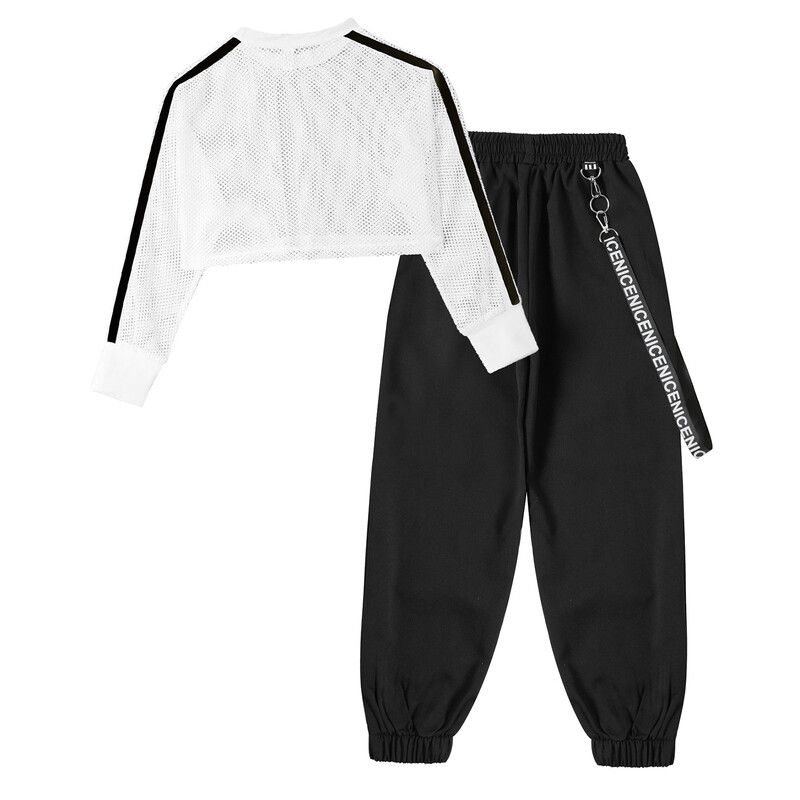 Modes, bērnu, meiteņu, hiphopa apģērbu komplekts. Tīkla tops ar garām piedurknēm apgriezts ar biksēm bērniem Džeza deju kostīmi, sporta tērpi, ielu apģērbi