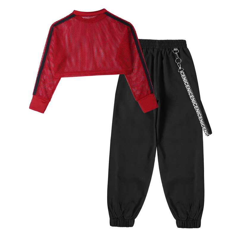 Modes, bērnu, meiteņu, hiphopa apģērbu komplekts. Tīkla tops ar garām piedurknēm apgriezts ar biksēm bērniem Džeza deju kostīmi, sporta tērpi, ielu apģērbi