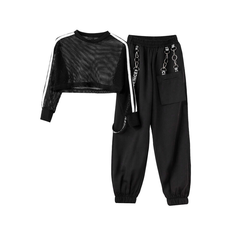 Modes, bērnu, meiteņu, hiphopa apģērbu komplekts. Tīkla tops ar garām piedurknēm apgriezts ar biksēm bērniem Džeza deju kostīmi, sporta tērpi, ielu apģērbi