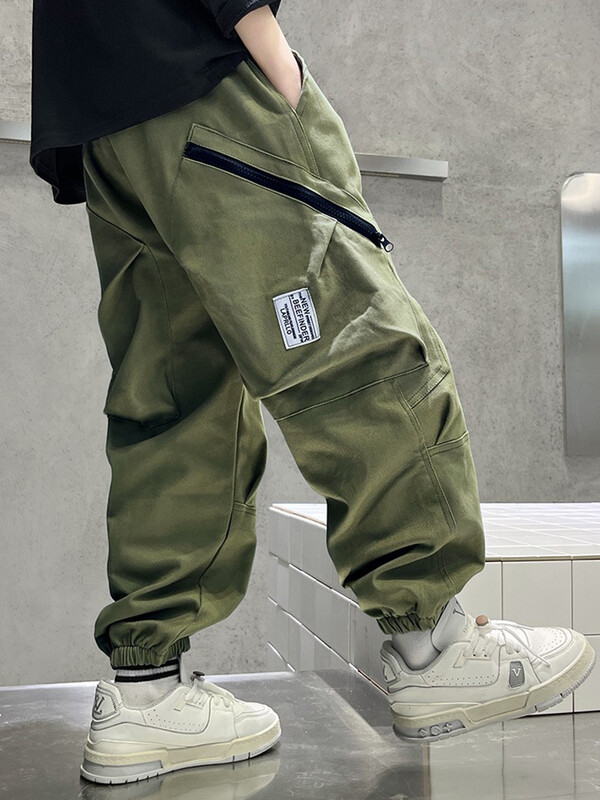 Момче, памучни красиви спортни панталони на открито, детски, тийнейджърски, пролетни, есенни работни панталони, модни джобни декорации, ежедневни панталони 4-14 години