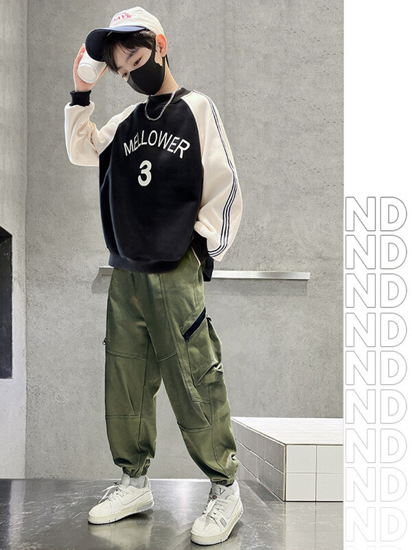 Момче, памучни красиви спортни панталони на открито, детски, тийнейджърски, пролетни, есенни работни панталони, модни джобни декорации, ежедневни панталони 4-14 години