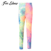 Детски танцови тренировъчни дрехи за бягане Момичета Tie Dye Print Еластична талия Еластичен панталон Slim Fit Клинове Панталони Спортни ежедневни панталони
