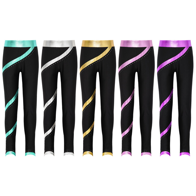 Детски момичета Спортни панталони Фигурно пързаляне Гимнастика Изпълнение Тренировка Клинове Костюм Блестящи панталони с метални райета с кристали