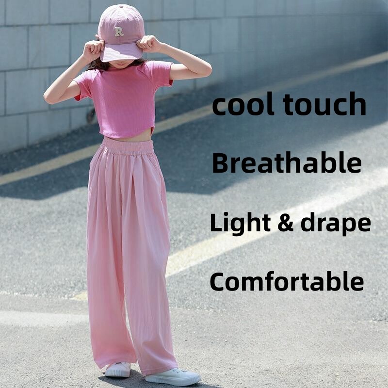 Άνοιξη Καλοκαίρι Ice Silk Cool παιδικό παντελόνι με φαρδύ πόδι ψηλόμεσο casual μαύρο ροζ κορεάτικο παντελόνι μόδας κορίτσι μασίφ παντελόνι