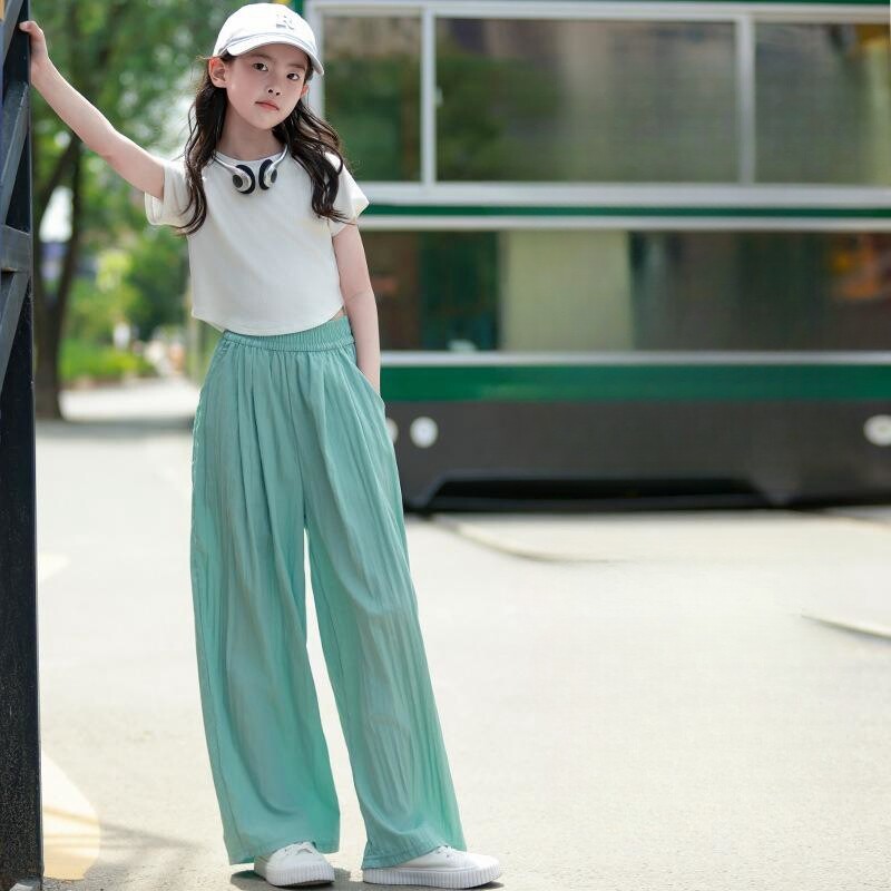 Άνοιξη Καλοκαίρι Ice Silk Cool παιδικό παντελόνι με φαρδύ πόδι ψηλόμεσο casual μαύρο ροζ κορεάτικο παντελόνι μόδας κορίτσι μασίφ παντελόνι