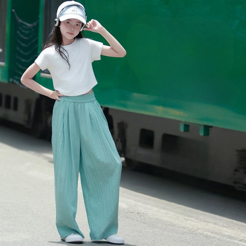 Άνοιξη Καλοκαίρι Ice Silk Cool παιδικό παντελόνι με φαρδύ πόδι ψηλόμεσο casual μαύρο ροζ κορεάτικο παντελόνι μόδας κορίτσι μασίφ παντελόνι