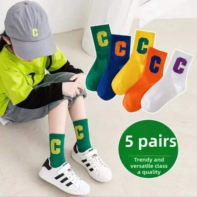5 чифта есенно-зимни памучни детски чорапи с анимационни модни детски средно дълги чорапи за момчета и момичета Спортни чорапи на открито 2025 г. Нови