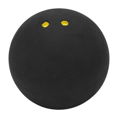 Skvošo kamuoliukas su dvigubu geltonu tašku, guminiu skvošo rakečių kamuoliuku Skvošo greičio treniruotė vienam mėlynam dvigubo geltono taško skvošo kamuoliui