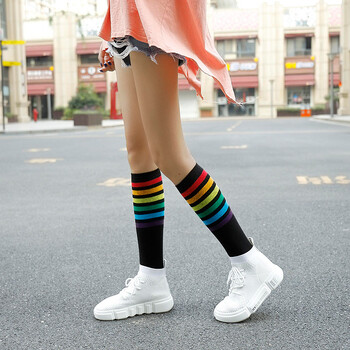 Lolita Rainbow Knee Cotton Socks JK Girls Thigh Striped Stockings Long Striped Socks Секси студентски чорапи над коляното Medias