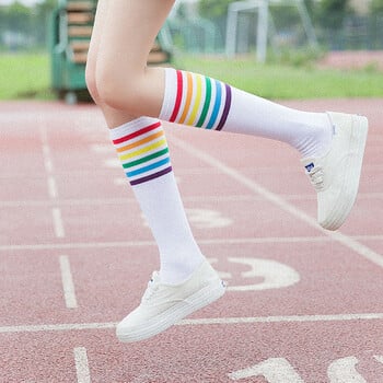 Lolita Rainbow Knee Cotton Socks JK Girls Thigh Striped Stockings Long Striped Socks Секси студентски чорапи над коляното Medias