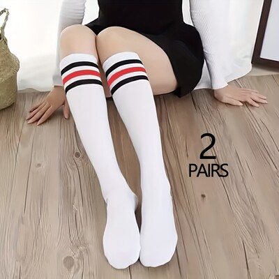 2 para ženskih telećih čarapa srednje čarape na tri prečke prugaste čarape dokolenice sportske ženske čarape jednobojne čarape na tri prečke