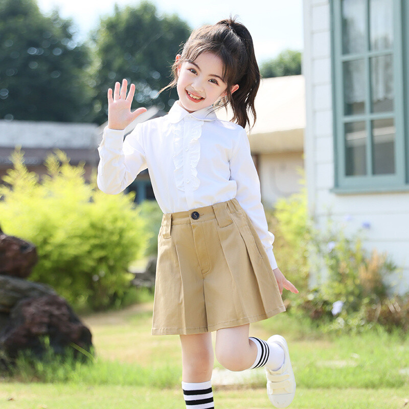College Preppy Style Bērnu formastērps meitenēm uz skolu Meitenēm Khaki kroku svārki Apģērbi Eleganti bērnu uniforma pusaudzim