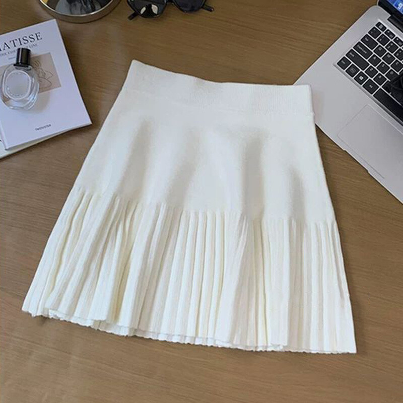 Smvp 2024 sügis-talv uus kõrge vöökohaga A-joonega seelik Naiste silmkoelised plisseeritud särgid Naiste ühevärvilised preppy stiilis miniseelikud