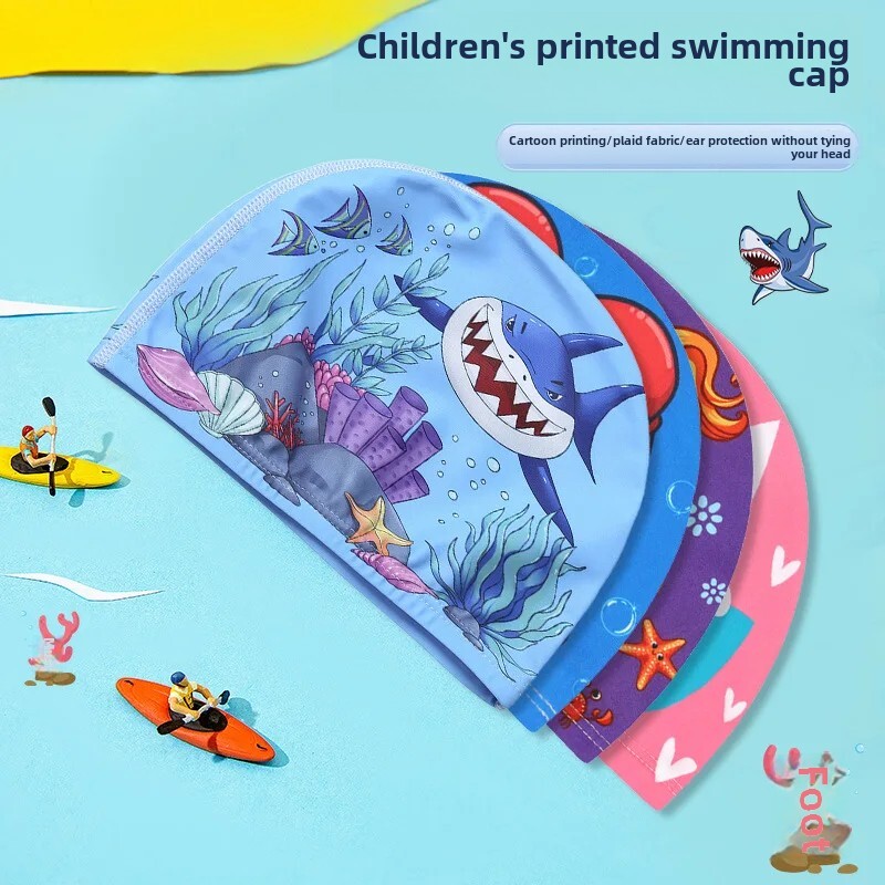 Jauka multfilmu bērnu peldcepure unisex bērnu vannas cepure Augstas kvalitātes auduma vāciņš vairumtirdzniecība OEM pasūtījuma apdrukāta bērnu cepure
