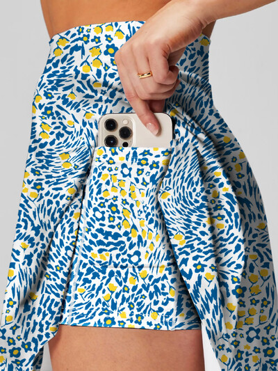 Ženska teniska suknja s džepovima i printom zelenog lišća, atletska 2 u 1 sportska majica za trčanje visokog struka za golf