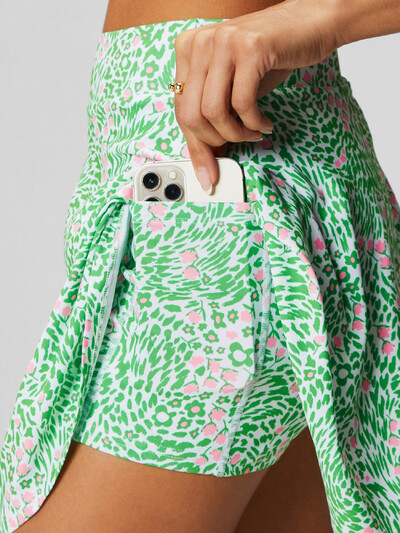 Ženska teniska suknja s džepovima i printom zelenog lišća, atletska 2 u 1 sportska majica za trčanje visokog struka za golf