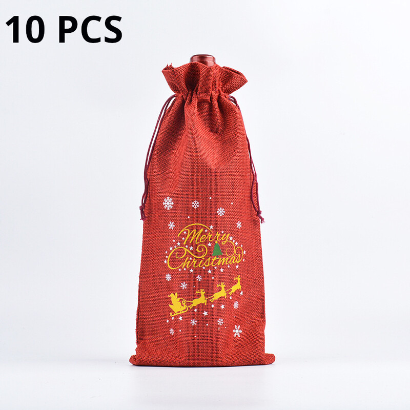 Lininis vyno maišelis 10 vnt. Kalėdinis lininis sutraukiamas vyno maišelis Gamintojas Didmeninė prekyba raišteliu sutraukiamas lininis maišelis