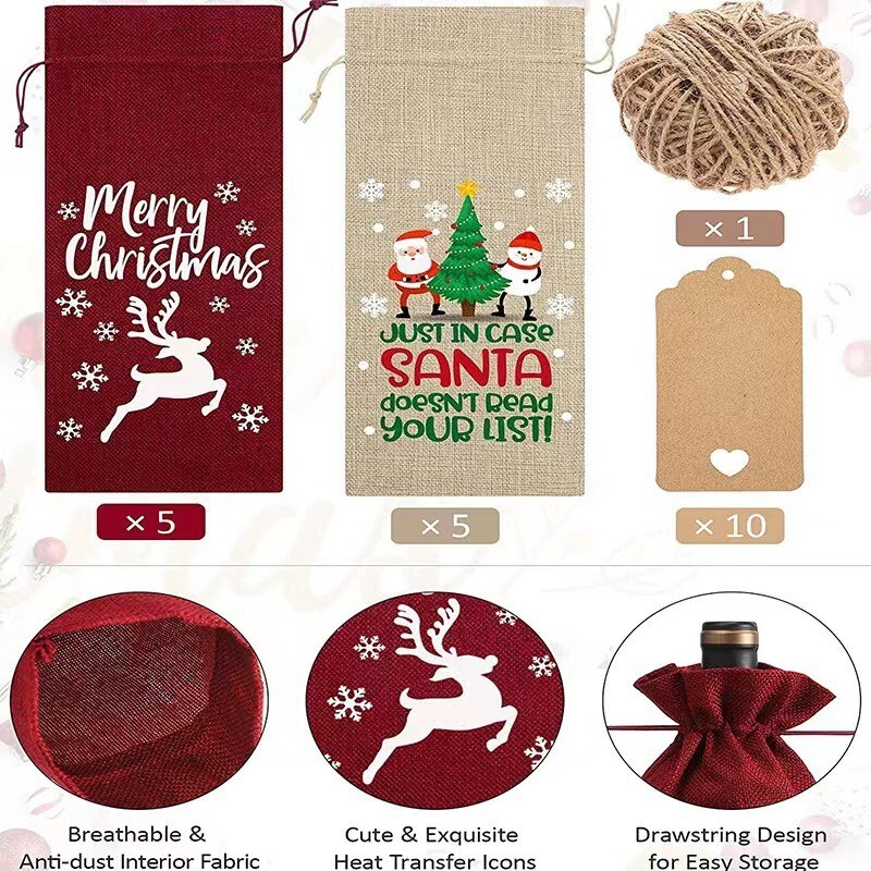 Lininis vyno maišelis 10 vnt. Kalėdinis lininis sutraukiamas vyno maišelis Gamintojas Didmeninė prekyba raišteliu sutraukiamas lininis maišelis