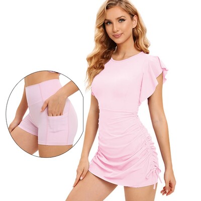 Cloud Hide SEXY Ruffles Спортна тенис рокля Pocket Safe Shorts Gym Golf One Piece Yoga Suit Women Running Summer Fitness Dress