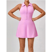 Moteriška teniso suknelė, moteriška, atlenkiama apykakle priekyje, užtrauktukas 2 viename, golfo sportui aptempta suknelė, fitneso treniruotė, bėgimo kišenė