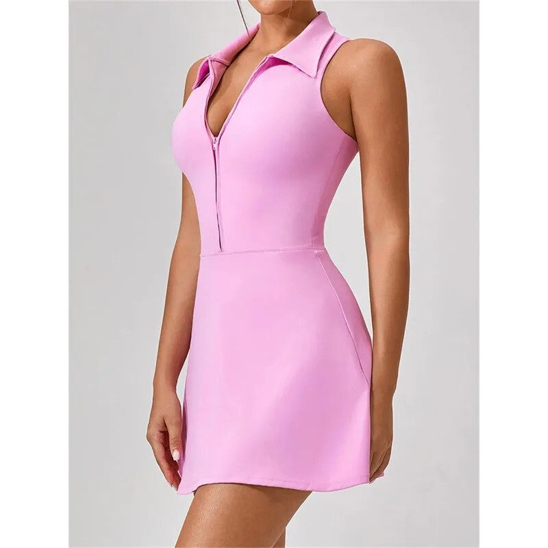Moteriška teniso suknelė, moteriška, atlenkiama apykakle priekyje, užtrauktukas 2 viename, golfo sportui aptempta suknelė, fitneso treniruotė, bėgimo kišenė