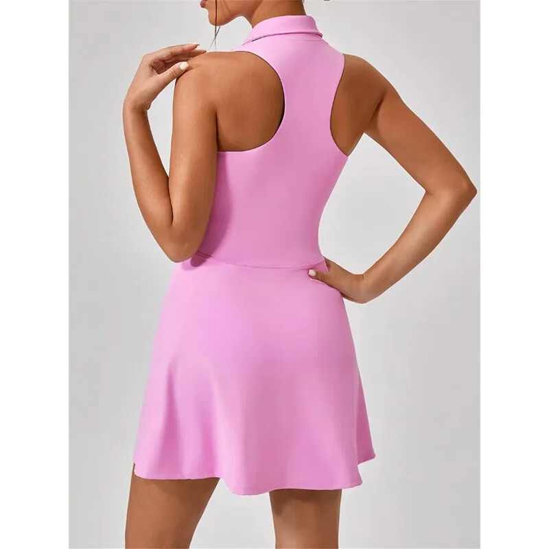 Moteriška teniso suknelė, moteriška, atlenkiama apykakle priekyje, užtrauktukas 2 viename, golfo sportui aptempta suknelė, fitneso treniruotė, bėgimo kišenė