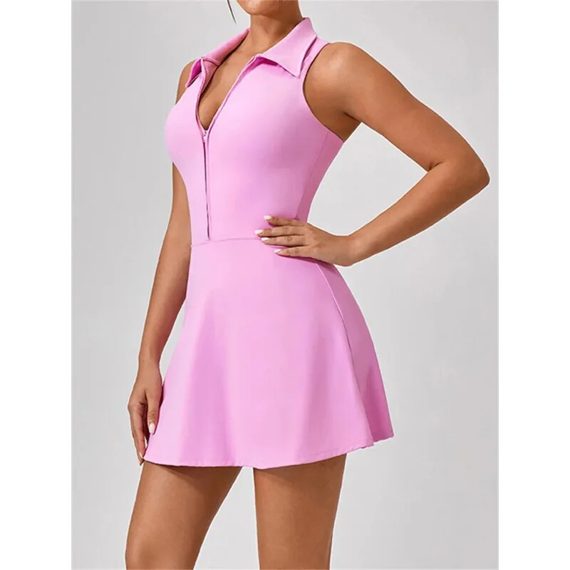 Moteriška teniso suknelė, moteriška, atlenkiama apykakle priekyje, užtrauktukas 2 viename, golfo sportui aptempta suknelė, fitneso treniruotė, bėgimo kišenė