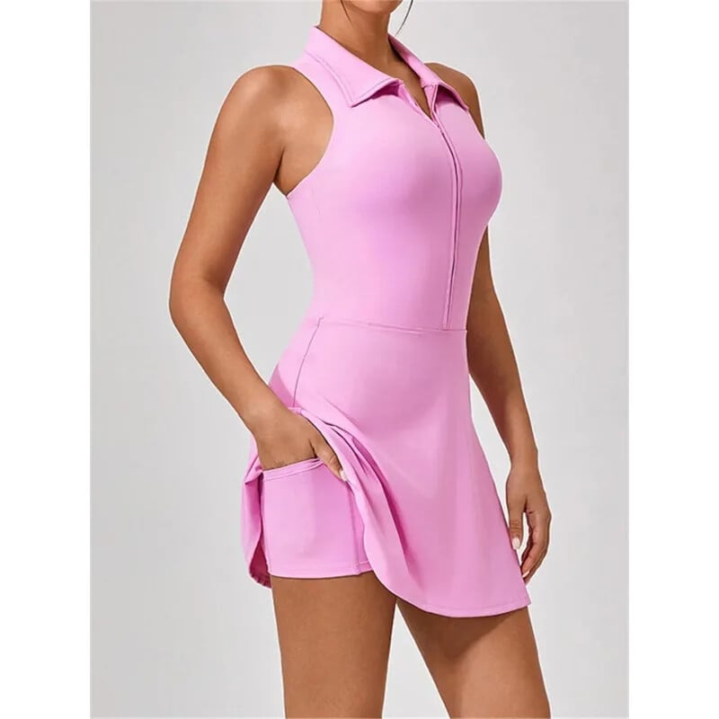 Moteriška teniso suknelė, moteriška, atlenkiama apykakle priekyje, užtrauktukas 2 viename, golfo sportui aptempta suknelė, fitneso treniruotė, bėgimo kišenė