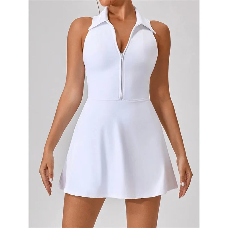 Moteriška teniso suknelė, moteriška, atlenkiama apykakle priekyje, užtrauktukas 2 viename, golfo sportui aptempta suknelė, fitneso treniruotė, bėgimo kišenė