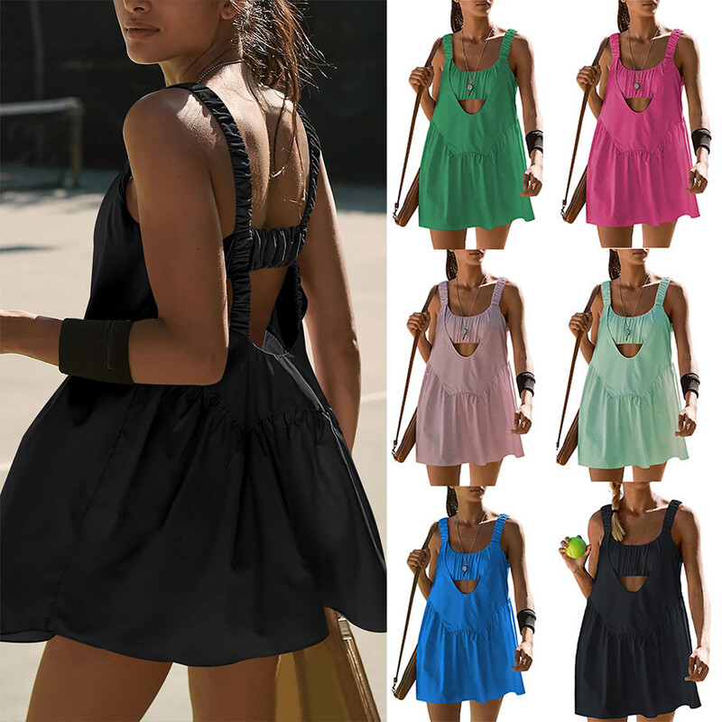 Naiste tennisekleit ühes tükis Slim Fit, pehmed spordikomplektid, golfi sulgpall Skorts, seljatugi, rinnapatjadega dressid Joogakostüümid