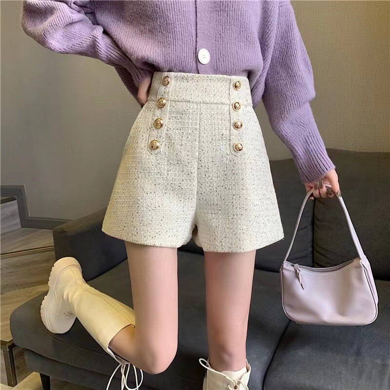 Hlače širokih nogavica s duplim kopčanjem Ženske nove svijetle svilene kratke hlače visokog struka Univerzalne hlače u korejskom stilu s čizmama trend 