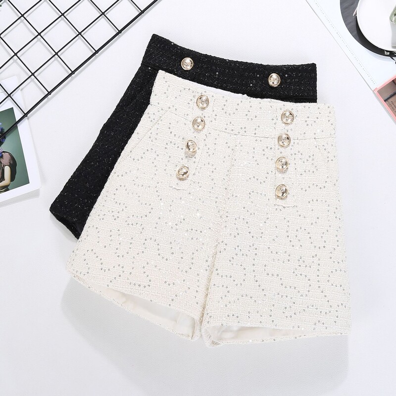 Hlače širokih nogavica s duplim kopčanjem Ženske nove svijetle svilene kratke hlače visokog struka Univerzalne hlače u korejskom stilu s čizmama trend 