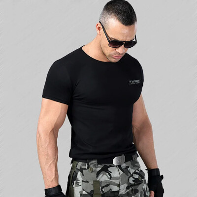 Apkakls ar īsām piedurknēm lēkājošs kempinga formastērps, stingrs elastīgs vīriešu militārais ventilators, kokvilnas fitnesa T-krekls ar puspiedurknēm