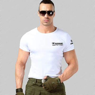 Apkakls ar īsām piedurknēm lēkājošs kempinga formastērps, stingrs elastīgs vīriešu militārais ventilators, kokvilnas fitnesa T-krekls ar puspiedurknēm