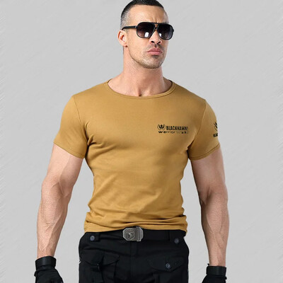 Apkakls ar īsām piedurknēm lēkājošs kempinga formastērps, stingrs elastīgs vīriešu militārais ventilators, kokvilnas fitnesa T-krekls ar puspiedurknēm