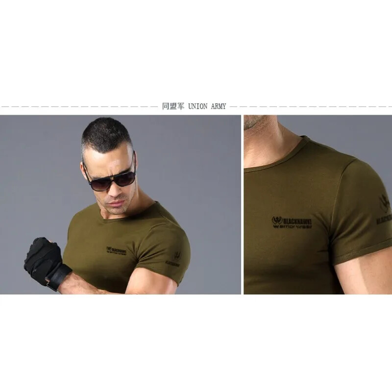 Apkakls ar īsām piedurknēm lēkājošs kempinga formastērps, stingrs elastīgs vīriešu militārais ventilators, kokvilnas fitnesa T-krekls ar puspiedurknēm