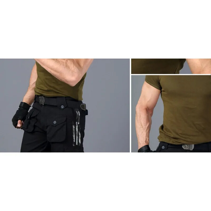 Apkakls ar īsām piedurknēm lēkājošs kempinga formastērps, stingrs elastīgs vīriešu militārais ventilators, kokvilnas fitnesa T-krekls ar puspiedurknēm