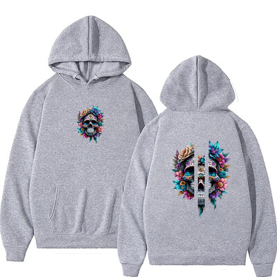 2024 Нов мъжки суичър с качулка с цветя и череп, моден суичър с щампи, есенен пуловер, хип-хоп улично спортно облекло, мъжко облекло