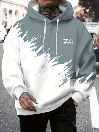 Muška ležerna modna majica s 3D ispisom Crno-bijeli ispis u boji, Jesen i zima, dnevna majica s kapuljačom za ulično hodanje