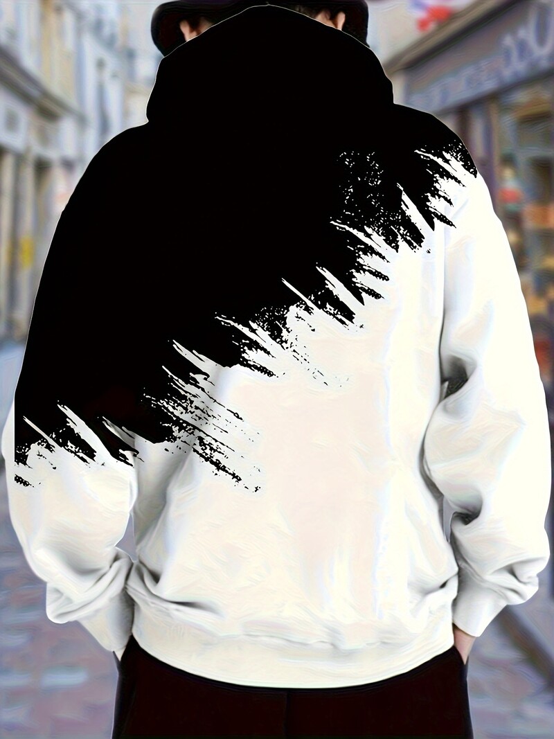 Muška ležerna modna majica s 3D ispisom Crno-bijeli ispis u boji, Jesen i zima, dnevna majica s kapuljačom za ulično hodanje