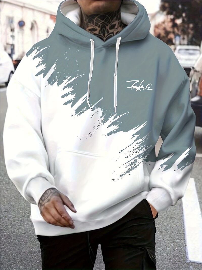 Muška ležerna modna majica s 3D ispisom Crno-bijeli ispis u boji, Jesen i zima, dnevna majica s kapuljačom za ulično hodanje