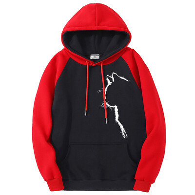 Izgled mačjeg profila Zabavne muške majice s kapuljačom Ležerna dukserica od flisa Jesenska labava odjeća u boji, modna topla raglan majica s kapuljačom