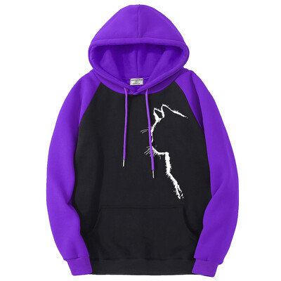 Izgled mačjeg profila Zabavne muške majice s kapuljačom Ležerna dukserica od flisa Jesenska labava odjeća u boji, modna topla raglan majica s kapuljačom