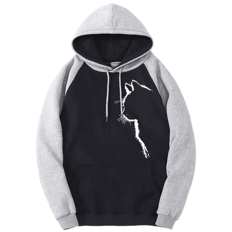 Izgled mačjeg profila Zabavne muške majice s kapuljačom Ležerna dukserica od flisa Jesenska labava odjeća u boji, modna topla raglan majica s kapuljačom