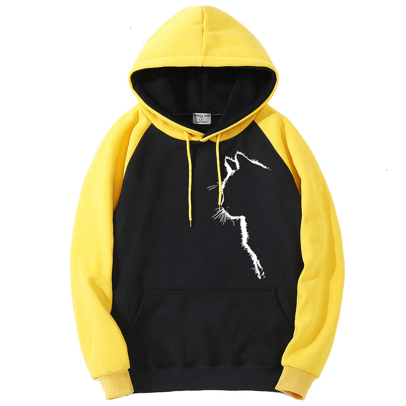 Izgled mačjeg profila Zabavne muške majice s kapuljačom Ležerna dukserica od flisa Jesenska labava odjeća u boji, modna topla raglan majica s kapuljačom