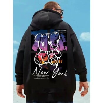 New York Art Cartoon Bear Sunset Design Hoodie - Мъжко хип-хоп улично облекло Универсален суичър с джоб, мъжко облекло 3D